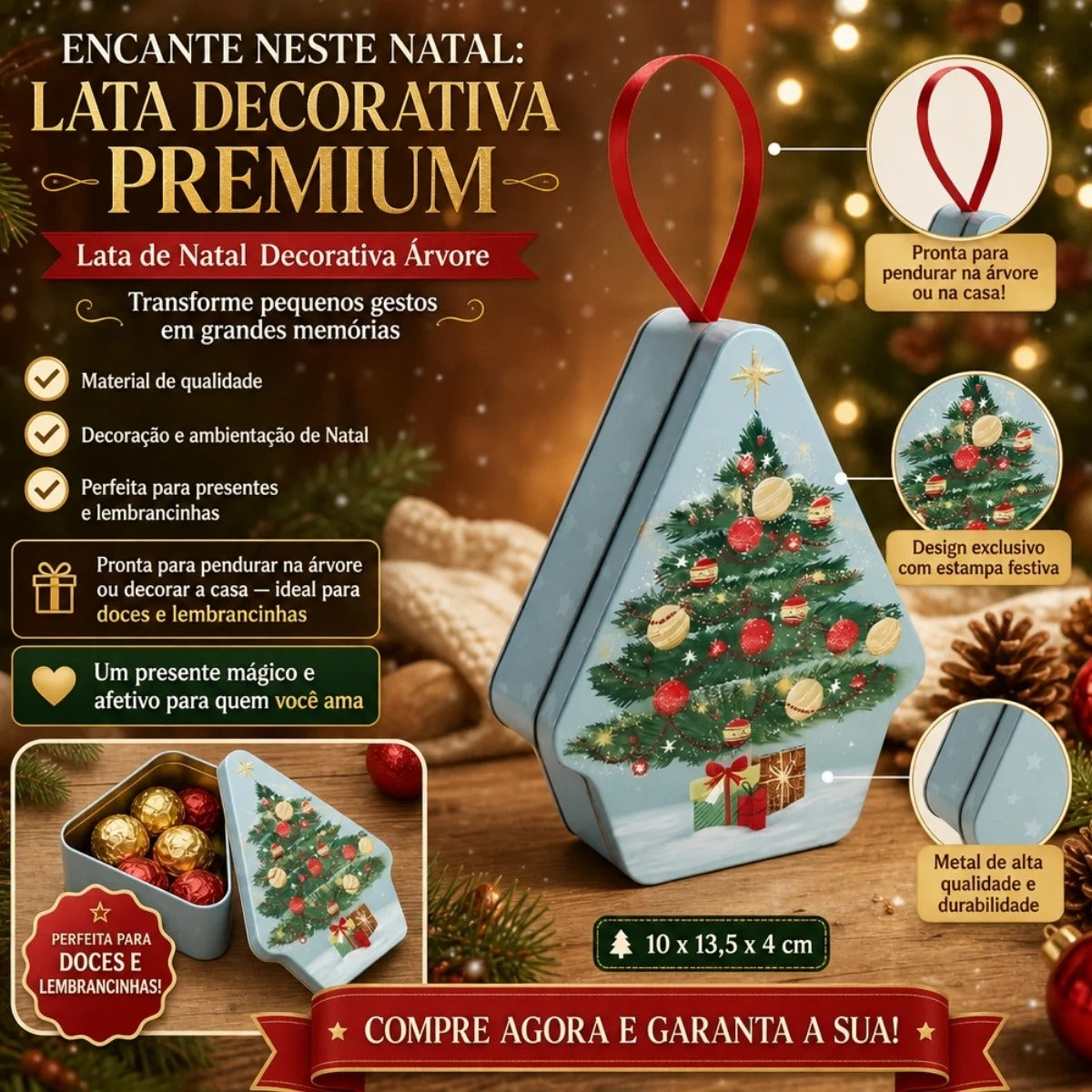 Lata de Natal de Metal para Pendurar - Árvore de Natal - 10x13,5x4cm