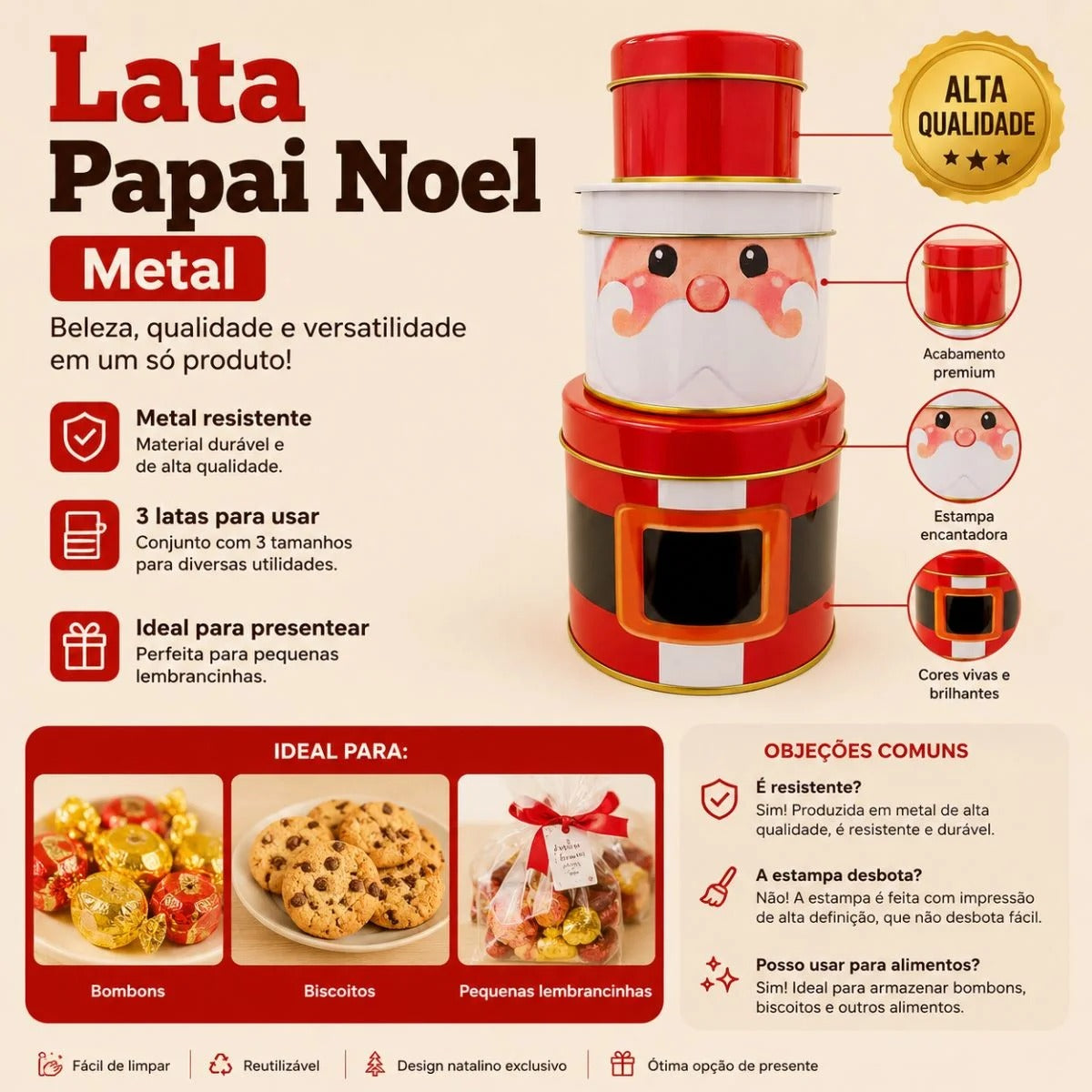 Lata de Metal de Natal Empilhável - Papai Noel - 3 Partes - 1 unidade