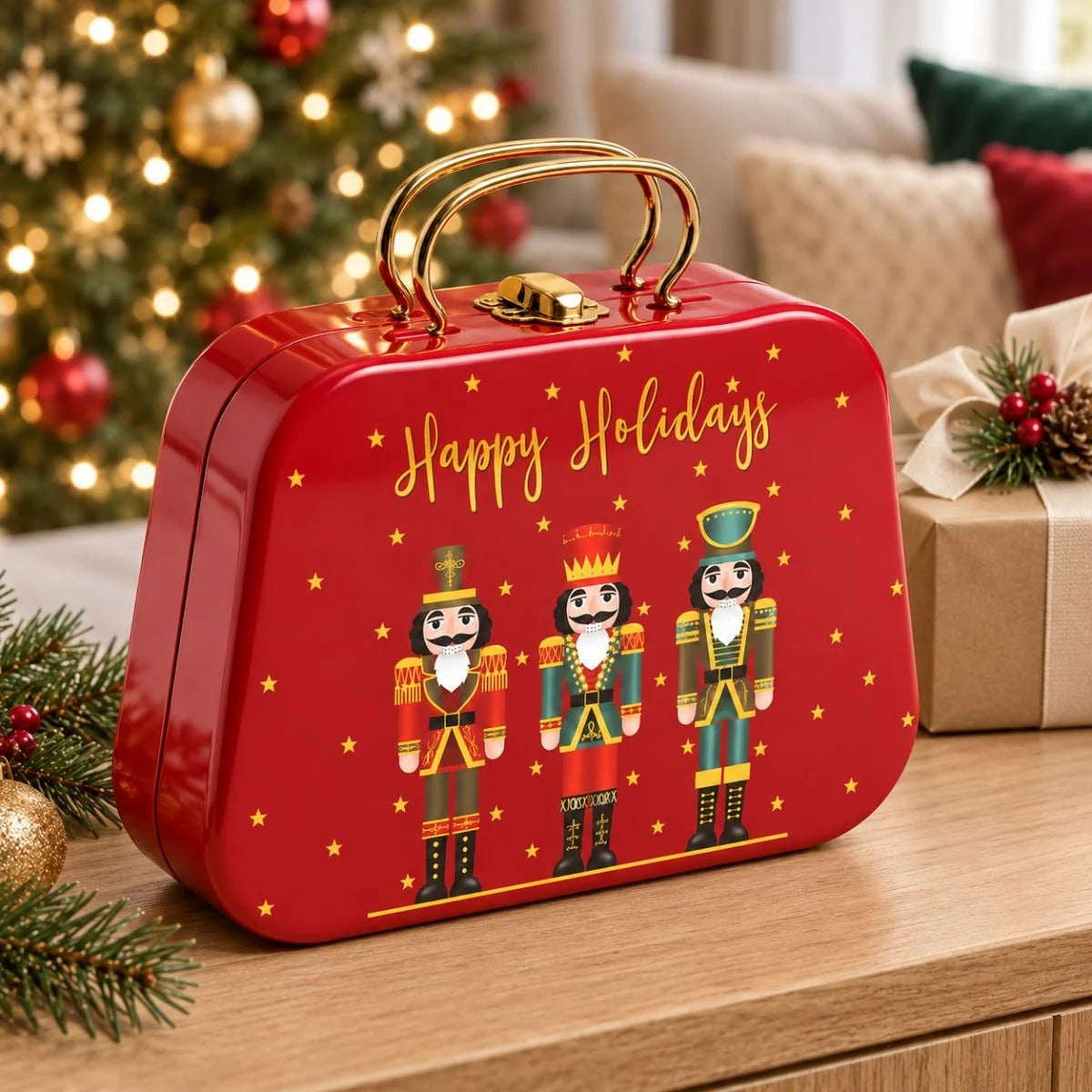Lata De Metal de Natal com Alça - Soldado Quebra Nozes - 18,5x20x6cm