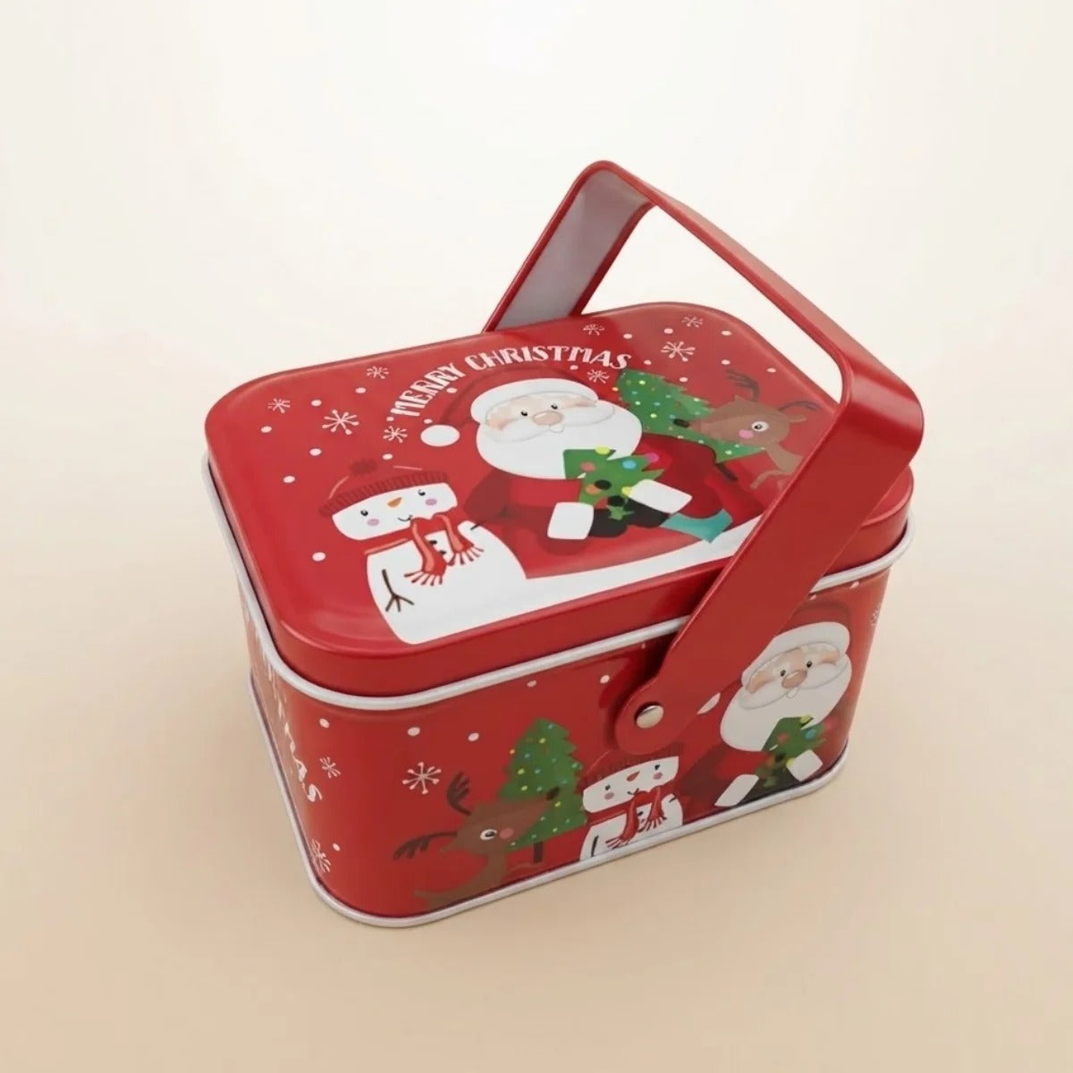 Lata de Natal de Metal com Alça - Vermelha Merry Christmas - 10,5x8x6,5cm