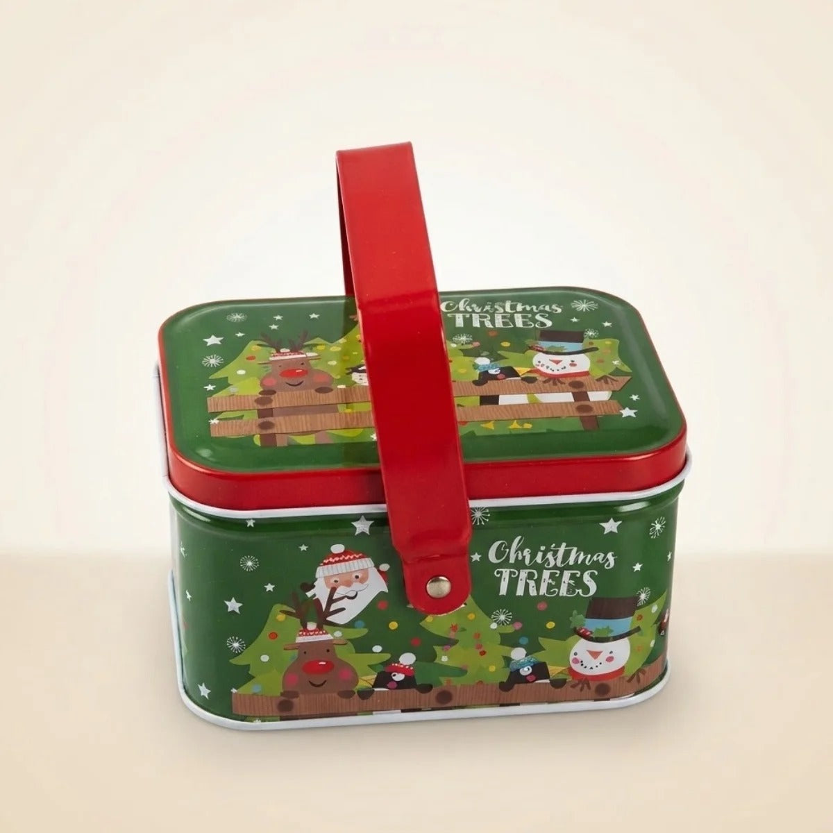 Lata de Natal de Metal com Alça - Verde - Christmas Trees - 10,5x8x6,5cm