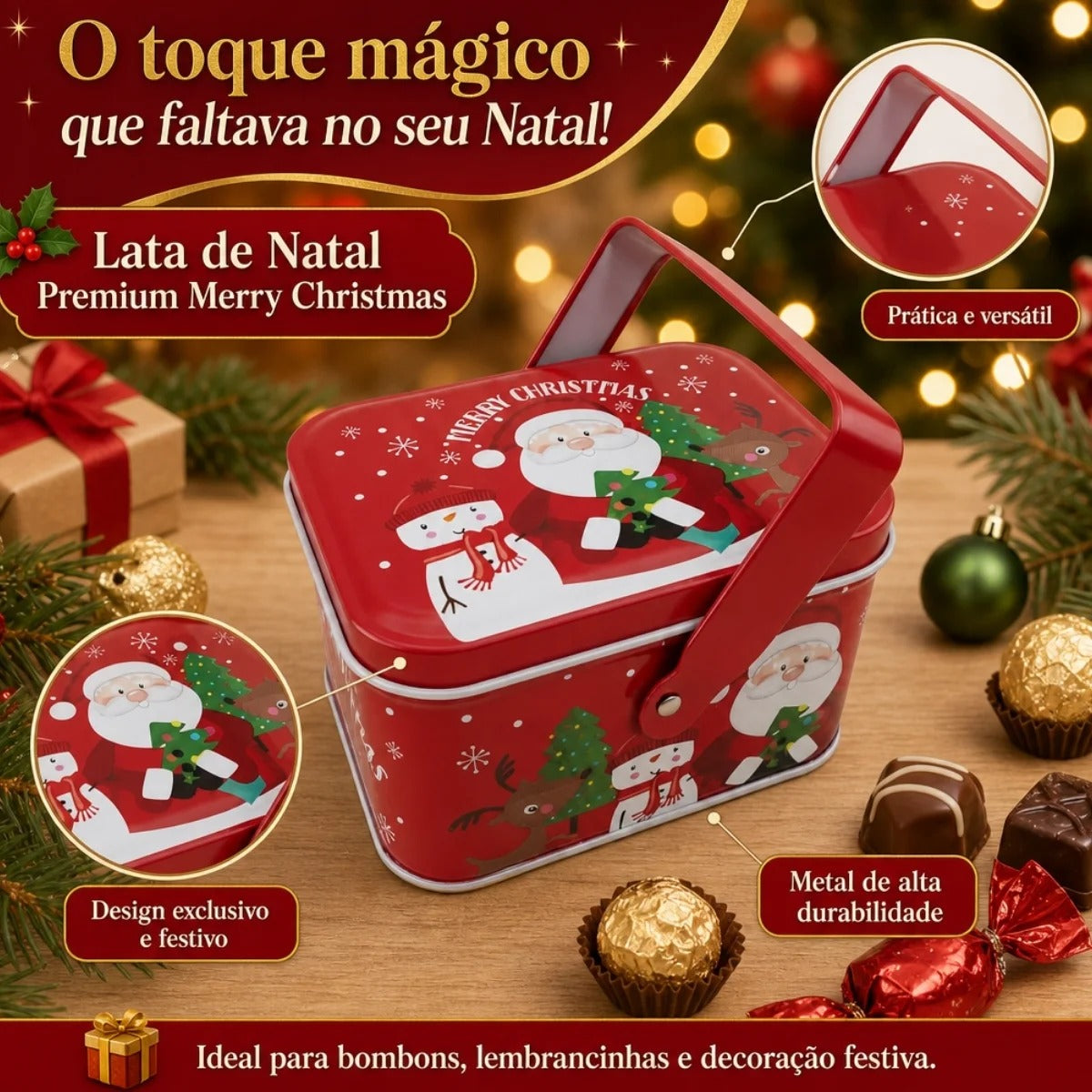Lata de Natal de Metal com Alça - Vermelha Merry Christmas - 10,5x8x6,5cm