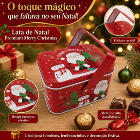 Lata de Natal de Metal com Alça - Vermelha Merry Christmas - 10,5x8x6,5cm
