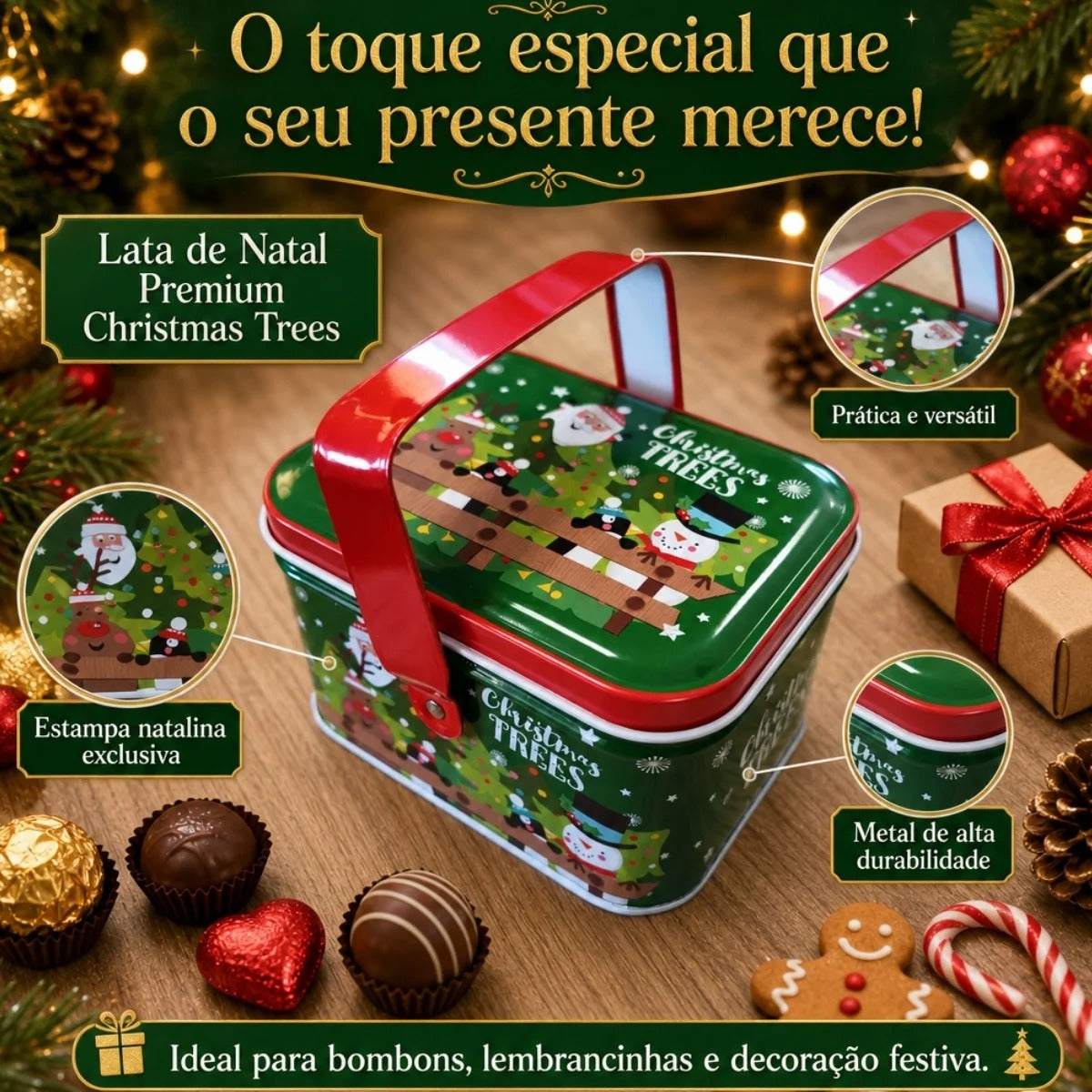 Lata de Natal de Metal com Alça - Verde - Christmas Trees - 10,5x8x6,5cm