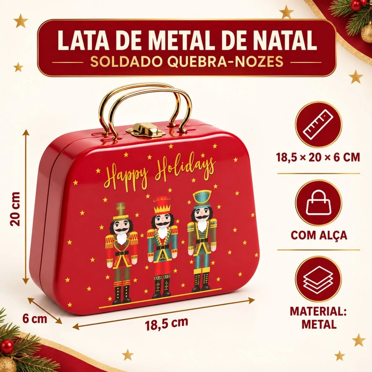 Lata De Metal de Natal com Alça - Soldado Quebra Nozes - 18,5x20x6cm