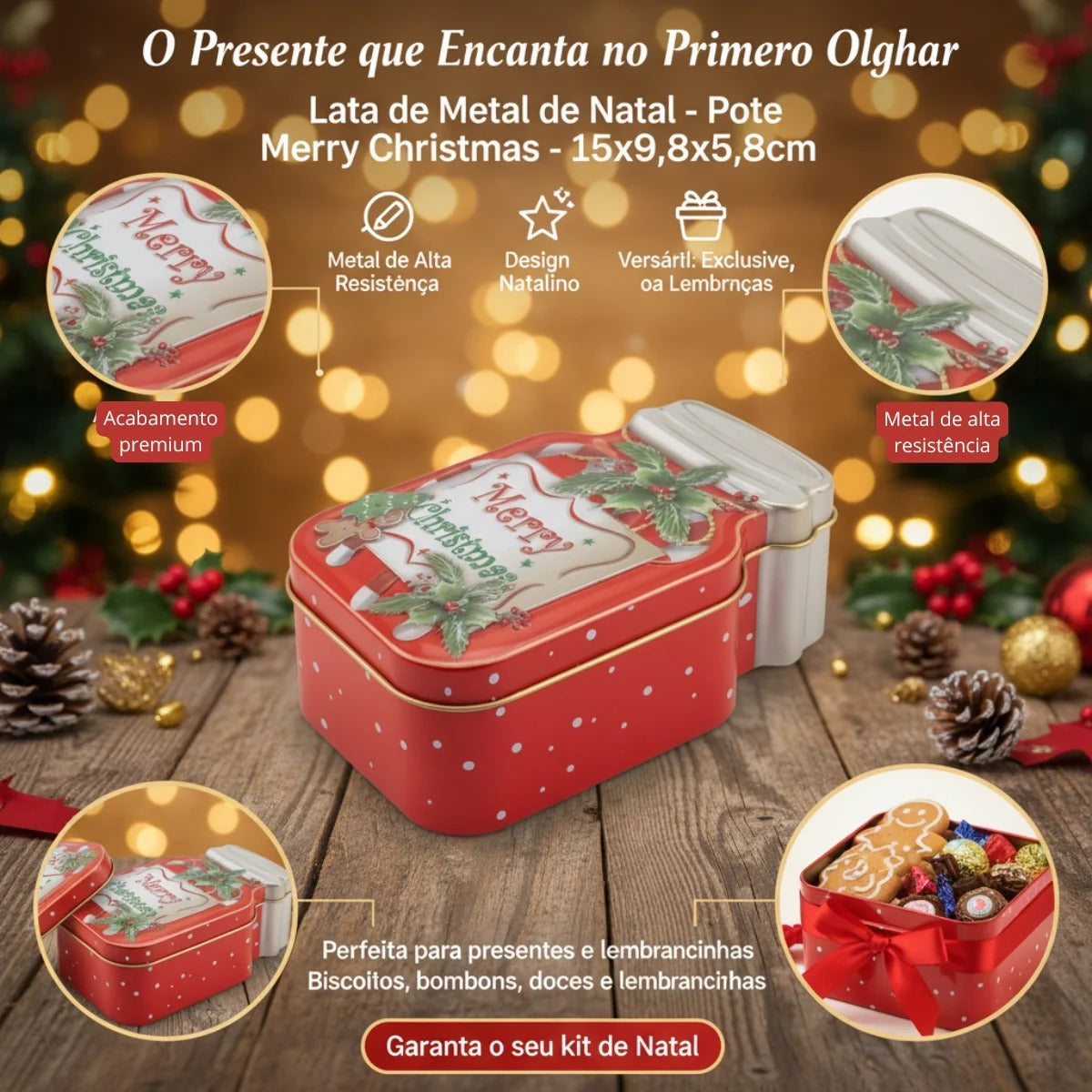 Lata de Metal de Natal - Pote Merry Christmas - 15x9,8x5,8cm