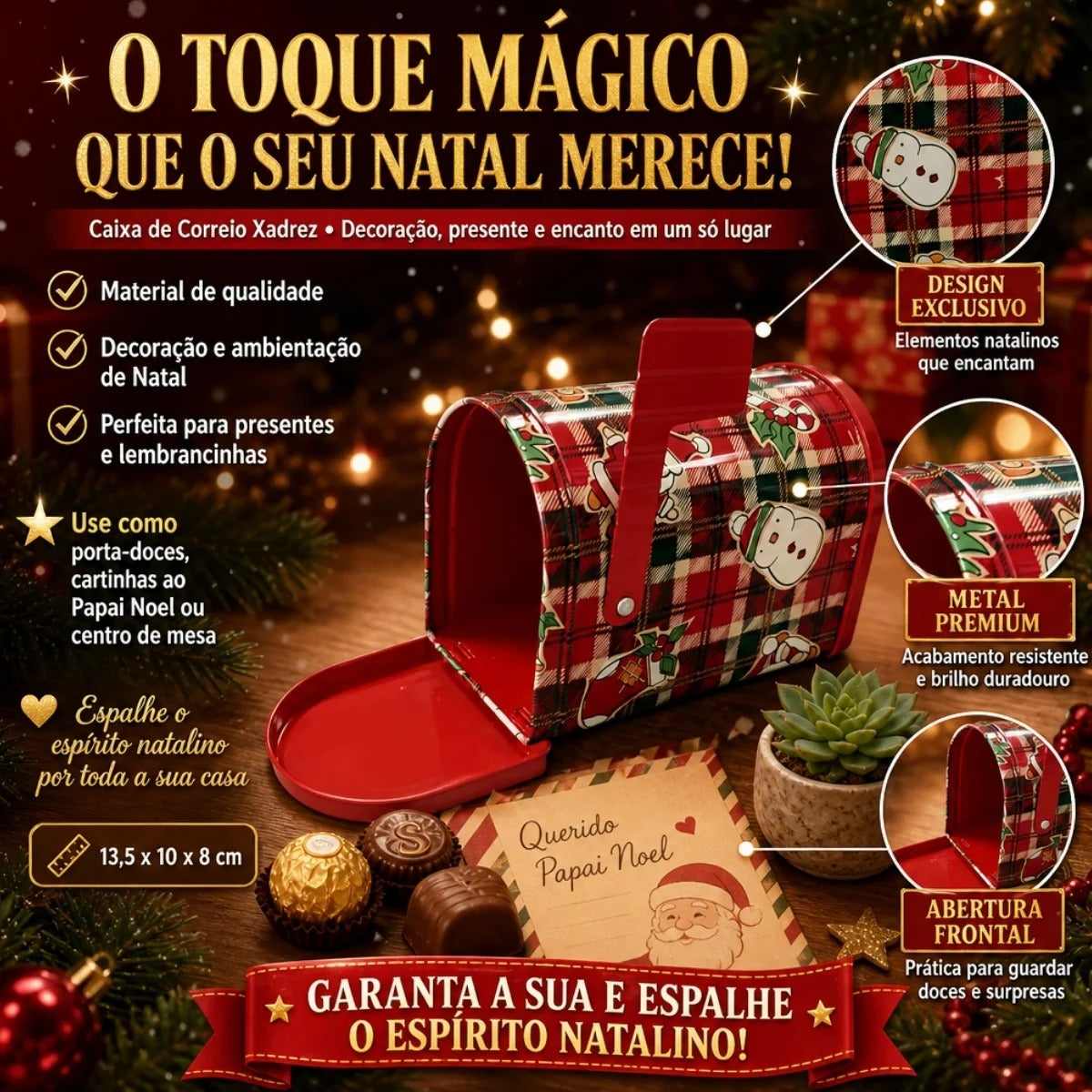 Lata de Natal de Metal - Caixa de Correio Xadrez Natalino - 13,5x10x8cm
