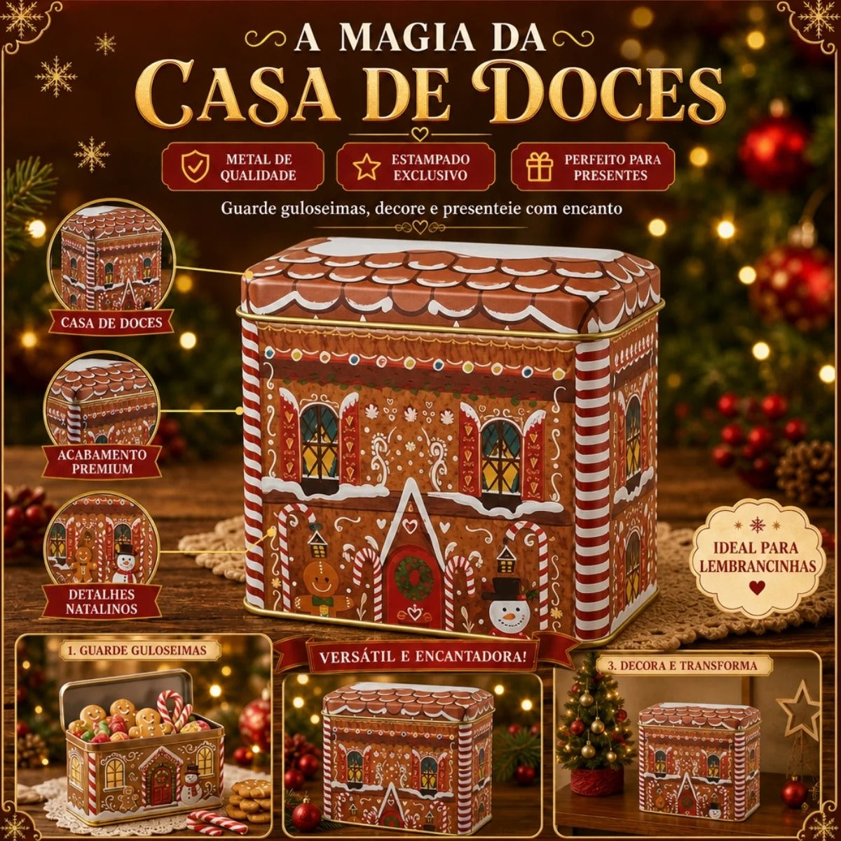 Lata de Natal de Metal - Casa de Doces - 10,5x15x6,5cm
