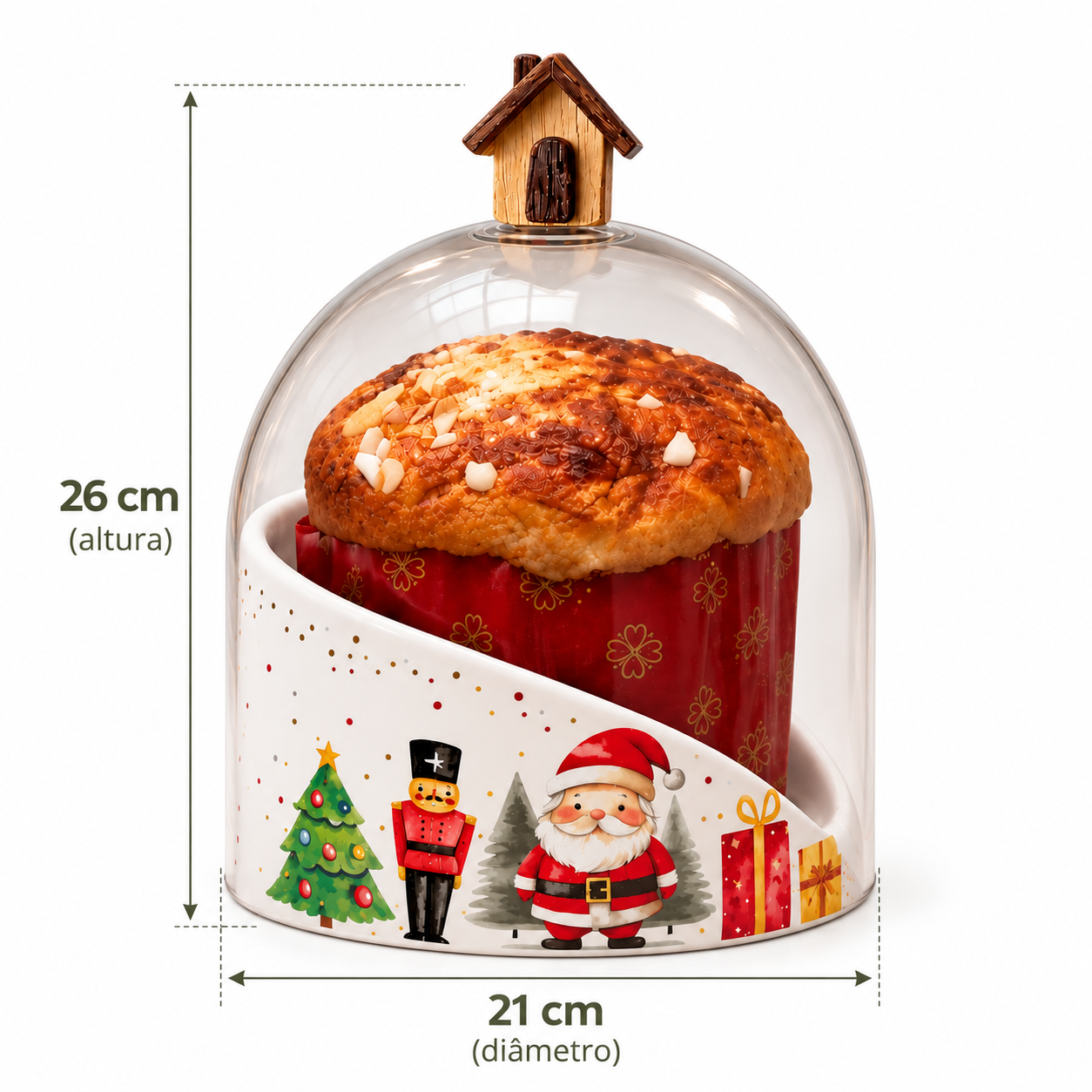 Porta Panetone Natalino com Cúpula de Vidro – Edição Premium